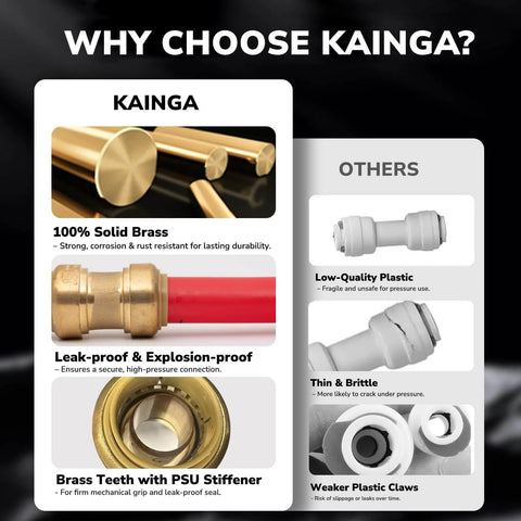 Comparison of Kainga brass plumbing connectors and white plastic connectors. Features include solid brass and PSU stiffener.