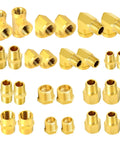 Brass Pipe Fitting Kit 26 Piece With Hex Bushing Reducer Adapter Hex Nipple And 90 Degree Street Elbow, corrosion resistant brass.