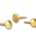 Brass Plated Half Inch Paper Fasteners For Durable Document Binding, showing self-piercing prongs and classic shine, 3 fasteners close-up.