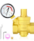brass water pressure regulating valve with gauge, DN20, 3/4 inch inlet, 0-250 PSI, including tools and tape for installation.