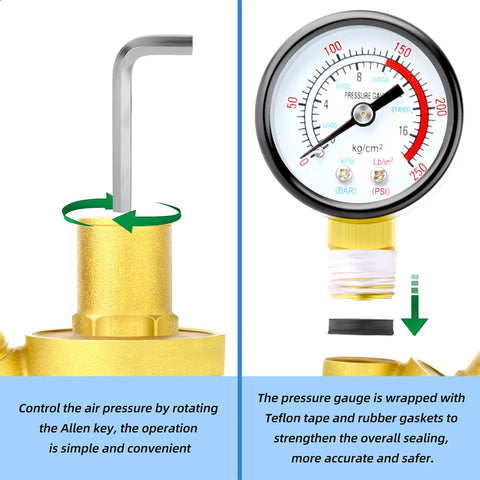 Brass water pressure regulating valve with pressure gauge and Allen key adjustment for home plumbing, corrosion-resistant brass construction.