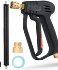 Pressure Washer Gun Replacement With M22 Inlet Extension Wand And One Quarter Inch Quick Connector Coupler Brass And Steel Construction For Durable Leakproof Power Washing, shown with black handle and brass fittings.