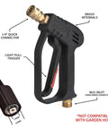 Pressure Washer Gun Replacement With M22 Inlet Extension Wand And One Quarter Inch Quick Connector Coupler Brass And Steel Construction For Durable Leakproof Power Washing with labeled features.