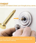 Privacy Pin Replacement For Estate Lever Privacy Latch With Threaded Push Pin And Coupler In Polished Brass Finish being installed on door.