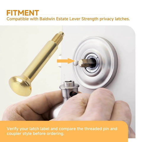 Privacy Pin Replacement For Estate Lever Privacy Latch With Threaded Push Pin And Coupler In Polished Brass Finish being installed on door.