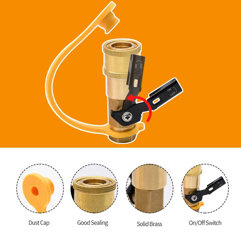 Seven Piece Propane Quick Connect Fittings Kit with brass quick connect and shutoff valve, includes dust cap and sealing features.