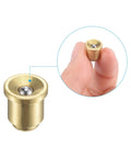 Close-up of Brass Push Button Flange Oil Cup 8mm Ball Oiler for Lubrication Systems Continuous Drip Oil Cup with Brass Cap in hand.