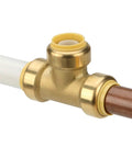 Brass push-to-connect tee fitting installed on pipes, suitable for use with Disconnect Tong For Brass Push To Connect Fittings One Half Inch Three Quarter Inch And One Inch Removal Tool For Demount In Tight Spots Easy Access Plumbing Hand Tool For Pro DIY And Contractors