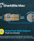 Side view of 1/2 Inch MNPT Push To Connect Brass Plumbing Adapter For CTS To FNPT Threaded Connections And Quick Connections To PEX Copper CPVC PE-RT SDR-9 HDPE Pipe SharkBite Max Male Fitting For Easy Solderless Installations.
