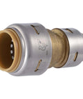 Side view of Reducing Brass Push To Connect Coupling Three Quarter Inch To One Half Inch For PEX Copper CPVC PE RT And HDPE Plumbing Fittings