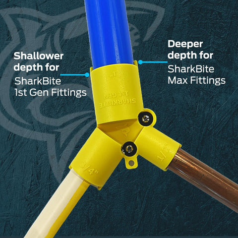 Brass Push Depth Gauge And Deburring Tool for copper and plastic pipe, shows proper insertion depth for SharkBite fittings.