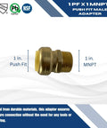 Xfitting Push Fit 1 Inch To 1 Inch Male NPT Adapter Brass Body displayed with size labels