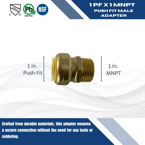 Xfitting Push Fit 1 Inch To 1 Inch Male NPT Adapter Brass Body displayed with size labels
