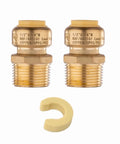 Two Pack Push Fit Half Inch To Three Quarter Inch Male Adapter With Disconnect Tool For Pex Copper CPVC And PERT Pipe Fits Potable Water And Hydronic Heating Up To Two Hundred PSI And Two Hundred Degrees Fahrenheit Includes No Sweat Disconnect Tool