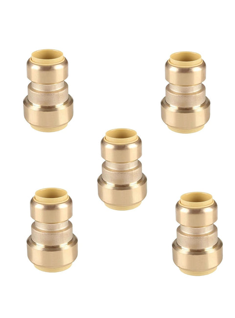 Five Pack Push Fit Reducing Coupling Three Quarters Inch By One Half Inch Brass Push To Connect Fitting for copper PEX CPVC PE-RT