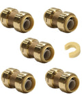 Pack Of Five Three Quarter Inch Push Fit Straight Couplings For PEX Copper And CPVC With Disconnect Clip Lead Free DZR Brass