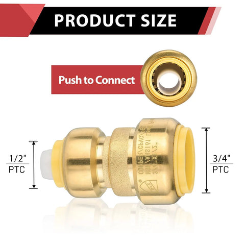 Five Pack Push Fit Reducing Coupling Three Quarters Inch By One Half Inch Brass Push To Connect Fitting For Copper PEX