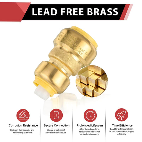 Five Pack Push Fit Reducing Coupling Three Quarters Inch By One Half Inch Brass Push To Connect Fitting For Copper PEX CPVC PE-RT