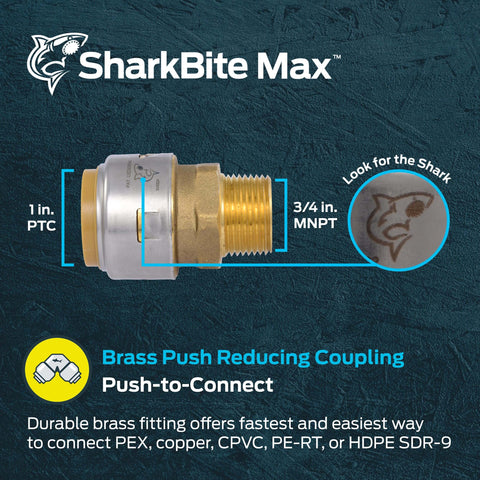 Push To Connect Brass Adapter One Inch By Three Quarter Inch MNPT Plumbing Fitting For PEX Copper CPVC PE RT SDR Nine HDPE Quick Wet Line Connection Without Tools Or Glue Transitions CTS Pipe To Female NPT Threads Smoothly, side view.