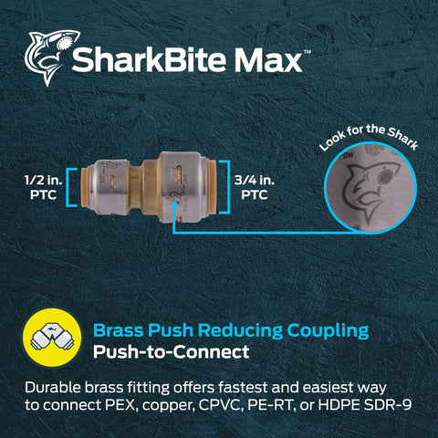 Reducing Brass Push To Connect Coupling Three Quarter Inch To One Half Inch For PEX Copper CPVC PE RT And HDPE Plumbing Fittings No Soldering Needed Quick Install UR058A