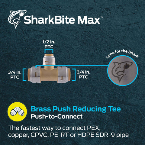 Three Quarters Inch By Three Quarters Inch By One Half Inch Reducing Tee Push To Connect Brass Plumbing Fitting For PEX Copper CPVC PE-RT SDR-9 HDPE Quick Install No Solder Glue Or Extra Tools Needed diagram
