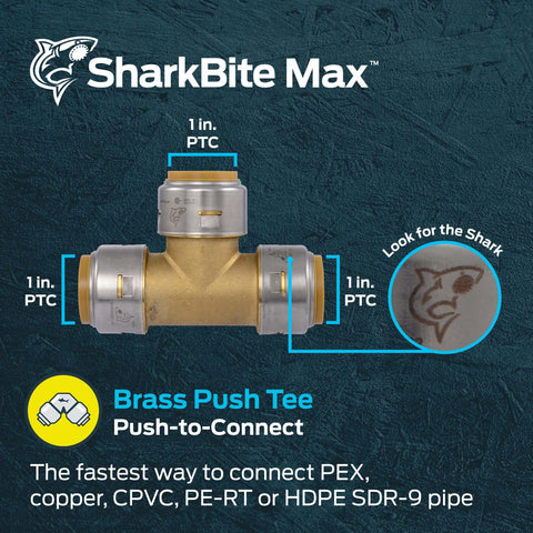 Max Push-To-Connect 1 Inch Tee Fitting For PEX Copper CPVC PE-RT HDPE Pipes Brass Plumbing Connector UR374A displayed