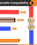 Ten Pack Pushfit 90 Degree Elbow Fittings Half Inch By Half Inch Brass Push To Connect With Disconnect Clip For PEX Copper CPVC And PERT Pipes DIY Friendly Lead Free CUPC Certified shown with various pipe types including CPVC, Copper, and PEX for versatile compatibility.