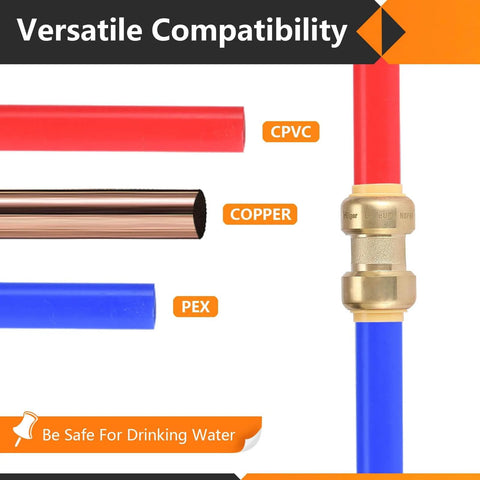 Ten Pack Pushfit 90 Degree Elbow Fittings Half Inch By Half Inch Brass Push To Connect With Disconnect Clip For PEX Copper CPVC And PERT Pipes DIY Friendly Lead Free CUPC Certified shown with various pipe types including CPVC, Copper, and PEX for versatile compatibility.