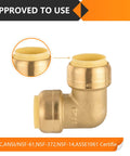 Ten Pack Pushfit 90 Degree Elbow Fittings Half Inch By Half Inch Brass Push To Connect With Disconnect Clip For PEX Copper CPVC And PERT Pipes DIY Friendly Lead Free CUPC Certified, showing detail view