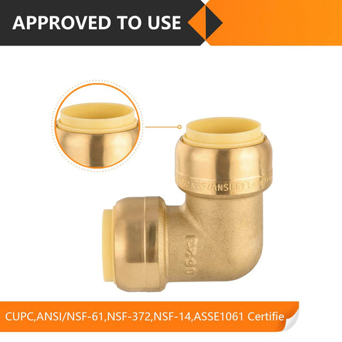Ten Pack Pushfit 90 Degree Elbow Fittings Half Inch By Half Inch Brass Push To Connect With Disconnect Clip For PEX Copper CPVC And PERT Pipes DIY Friendly Lead Free CUPC Certified, showing detail view