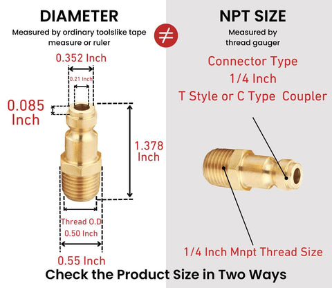 Brass One Quarter Inch NPT Male Air Hose Quick Connect Adapter Kit with dimensions and compatibility for Type C couplers.