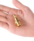 Brass 1/4 Inch NPT Male Air Hose Quick Connect Adapter Kit With Industrial M Style Couplers And Plugs in hand for size reference