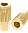 Brass One Quarter Inch Female Industrial Coupler Quick Connect Air Hose Fittings One Quarter Inch NPT shown front and side view
