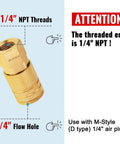 10 Pack 1/4 Inch NPT Female Brass Air Hose Fittings Quick Connect Couplers For Auto Shop DIY Garage Industrial Grade Compressor Hose Repair Kit 1/4 Inch NPT Coupler showing 1/4 inch threads and flow hole