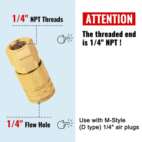 10 Pack 1/4 Inch NPT Female Brass Air Hose Fittings Quick Connect Couplers For Auto Shop DIY Garage Industrial Grade Compressor Hose Repair Kit 1/4 Inch NPT Coupler showing 1/4 inch threads and flow hole