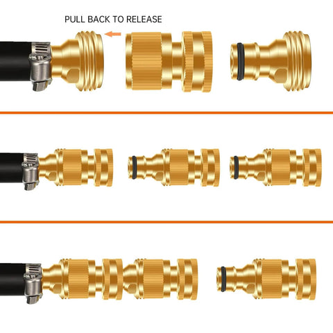 Garden Hose Quick Connector Set Three Quarters Inch GHT Brass No Leak Adapters Female and Male Heavy Duty Rust Resistant Easy to Use 6 Pack for All Garden Hoses Everywhere close-up view