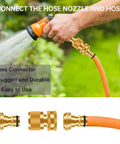 Garden Hose Quick Connector Set Three Quarters Inch GHT Brass No Leak Adapters attaching hose and nozzle with water spray