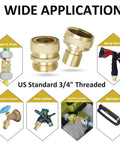 Brass Full Flow Garden Hose Quick Connect Fittings Three Quarter Inch GHT Quick Disconnect Connector Coupler shown in various applications