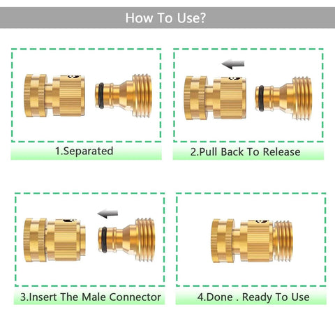 Solid Brass Garden Hose Quick Connectors Set Three Quarter Inch Thread Easy Connect No Leak Universal Fit For Hoses Faucets Pressure Washers And Watering Devices Six Piece Set showing installation process
