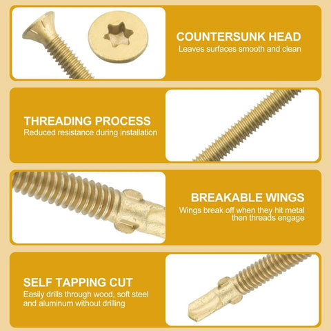 14 x 4 Inch Reamer Tek Torx Star Head Self Drilling Screws With T30 Head Brass Pack Of 25 features and close-up details.