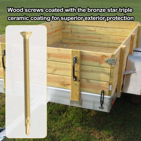 14 x 4 Inch Reamer Tek Torx Star Head Self Drilling Screws With T30 Head Brass Pack Of 25 shown next to a wooden trailer flatbed.
