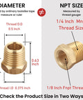 Diagram showing Beefy Brass Reducer Hex Bushing Set One Quarter NPT Male To One Eighth NPT Female Threads, with measurement details.