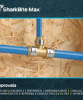 Three Quarters Inch By Three Quarters Inch By One Half Inch Reducing Tee Push To Connect Brass Plumbing Fitting installed with blue PEX pipes