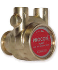 Front view of Procon 114B330F11XX Brass Rotary Vane Pump, 1/2" NPTF, 346 GPH, showing brass finish and label