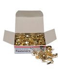 Open box of Brass Plated Round Head Fasteners with Three Eighths Inch Shank and Eight Millimeter Head 100 Pack by Charles Leonard.