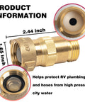 Brass RV Water Pressure Regulator With Filter Screen For Campers And Travel Trailers; dimensions 2.44 x 1.65 inches, close-up view