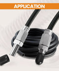 Two Pack Brass Schrader Air Valve With Push To Connect For 1/4 Inch Air Line Tubing, visible coiled black tubing, metal connectors
