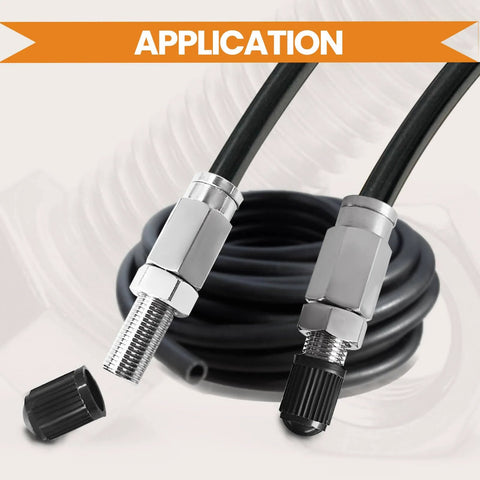Two Pack Brass Schrader Air Valve With Push To Connect For 1/4 Inch Air Line Tubing, visible coiled black tubing, metal connectors