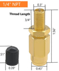 Two Pack One Quarter Inch Schrader Valve Adapter Set, Heavy Duty Brass Push To Connect Fittings for Airbag Spring Suspension Lines and Air Line Tubing, Plug and Play Compatible with One Quarter Inch OD Tubing on Semi Truck Trailer Tractor, front view showing dimensions