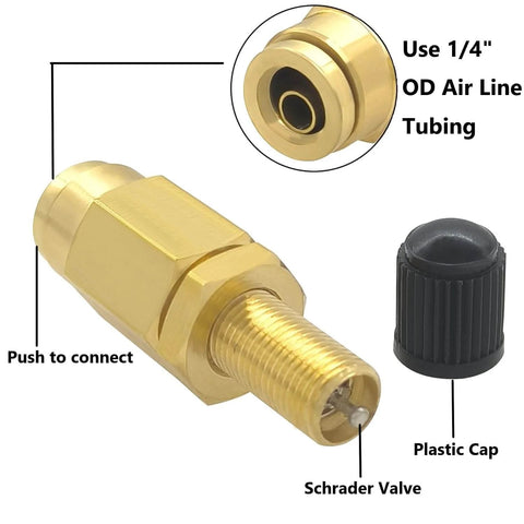 Two Pack One Quarter Inch Schrader Valve Adapter Set, Heavy Duty Brass Push To Connect Fittings For Airbag Spring Suspension Lines And Air Line Tubing, Plug And Play Compatible With One Quarter Inch OD Tubing On Semi Truck Trailer Tractor showing push-to-connect fitting and plastic cap